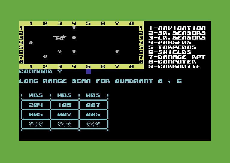 Star Trek Evolution Commodore 64 Screenshot: Star Trek Junior - Long range scan.