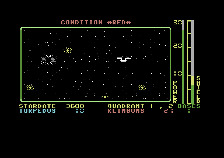 Star Trek Evolution Commodore 64 Screenshot: Star Trek Senior - Enemy hit by torpedo!