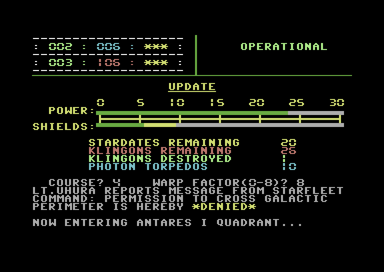 Star Trek Evolution Commodore 64 Screenshot: Star Trek Senior - Permission to cross perimeter denied...
