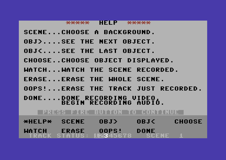 Movie Creator Commodore 64 Screenshot: The help screen.