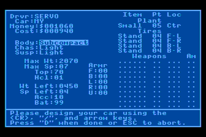 AutoDuel Atari 8-bit Screenshot: First, I'll need to get myself a new car...