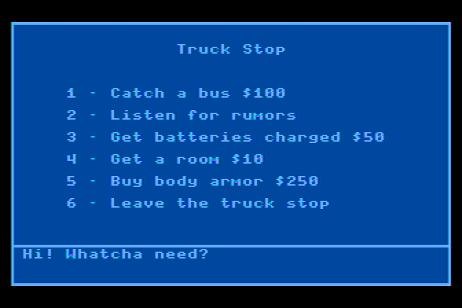 AutoDuel Atari 8-bit Screenshot: Visiting the truck stop...