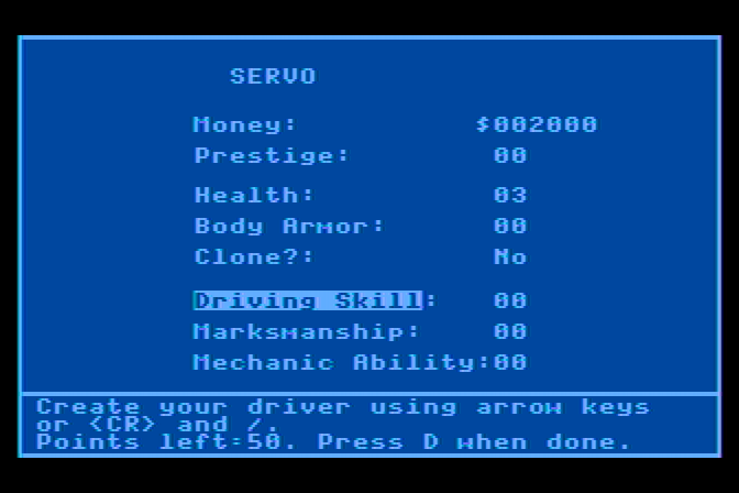 AutoDuel Atari 8-bit Screenshot: New driver menu...