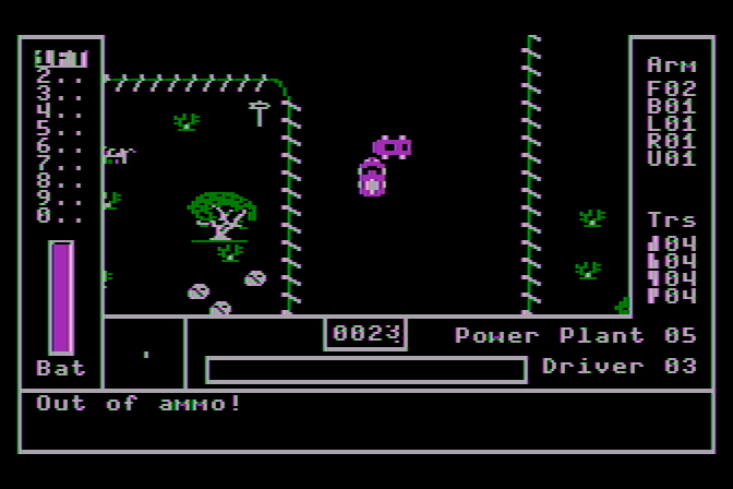AutoDuel Atari 8-bit Screenshot: Under attack, and I'm out of ammo!
