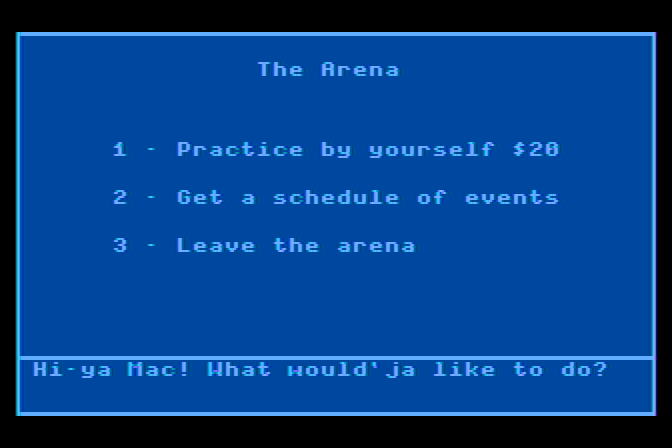 AutoDuel Atari 8-bit Screenshot: You can also check out events at the arena...