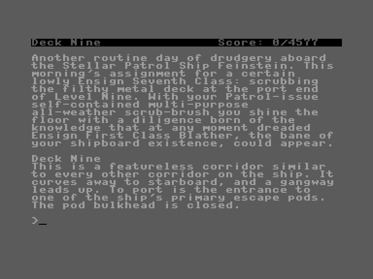 Planetfall Commodore 16 & Plus/4 Screenshot: Game start.