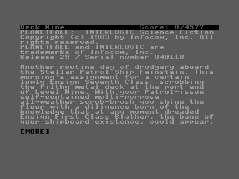 Planetfall Commodore 16 & Plus/4 Screenshot: Game introduction.