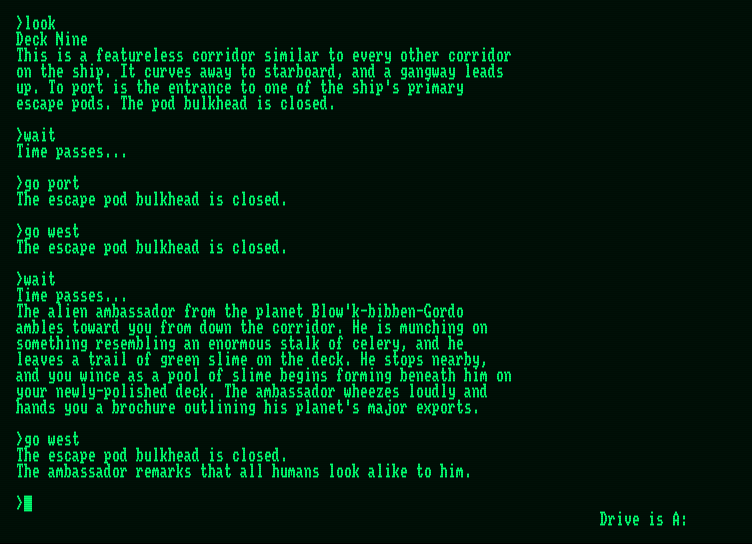Planetfall Amstrad PCW Screenshot: Exploring and waiting...