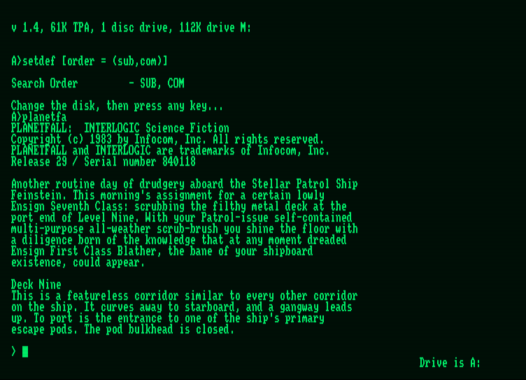 Planetfall Amstrad PCW Screenshot: Starting screen.