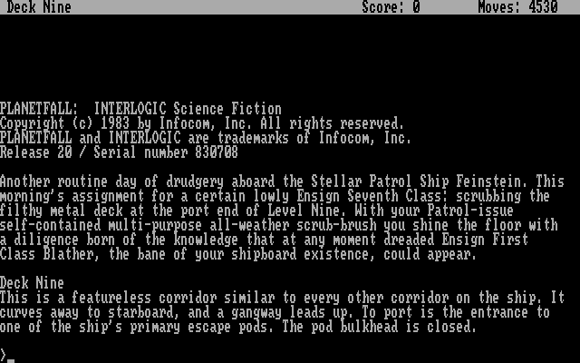 Planetfall IBM PC/Compatibles Screenshot: Title and game start.