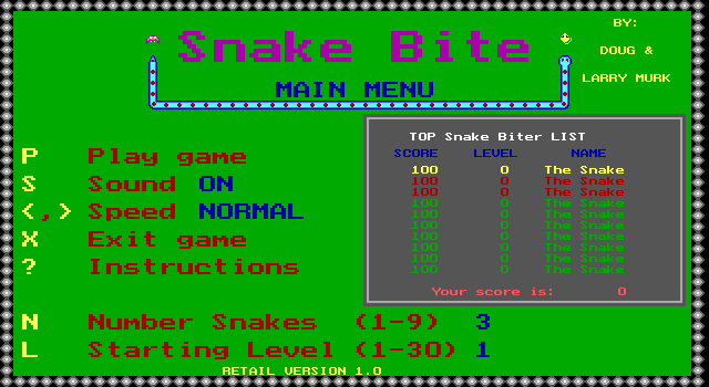 Snake Bite IBM PC/Compatibles Screenshot: Title screen and main menu.
