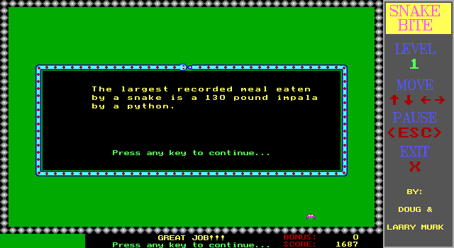 Snake Bite IBM PC/Compatibles Screenshot: Here is a bit of trivia...