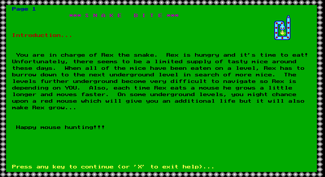 Snake Bite IBM PC/Compatibles Screenshot: Instructions, part 1.