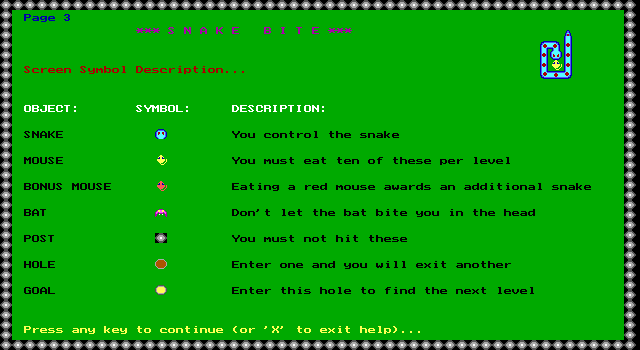 Snake Bite IBM PC/Compatibles Screenshot: Instructions, continued...