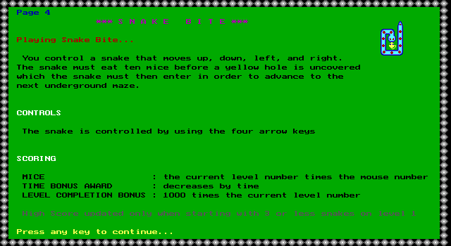 Snake Bite IBM PC/Compatibles Screenshot: Instructions, continued...