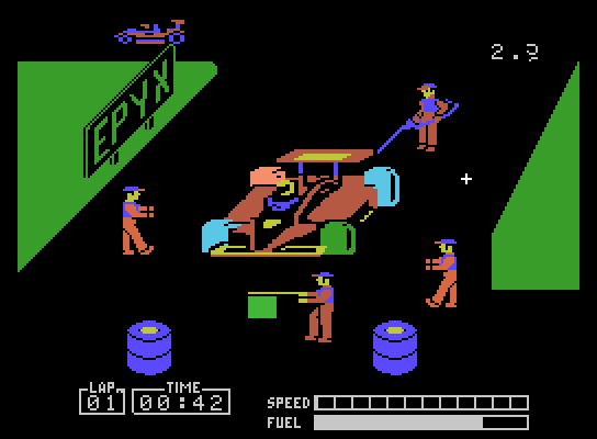 Pitstop ColecoVision Screenshot: Time for a pitstop; Hurry, replace tires and parts without losing too much time!