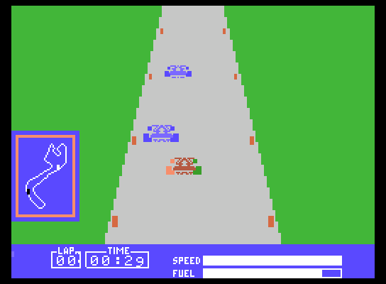 Pitstop ColecoVision Screenshot: The different color tires represent how worn the tire is.
