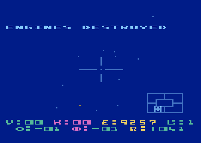 Star Raiders Atari 5200 Screenshot: I'm hit! And my engines are destroyed, that's not good!