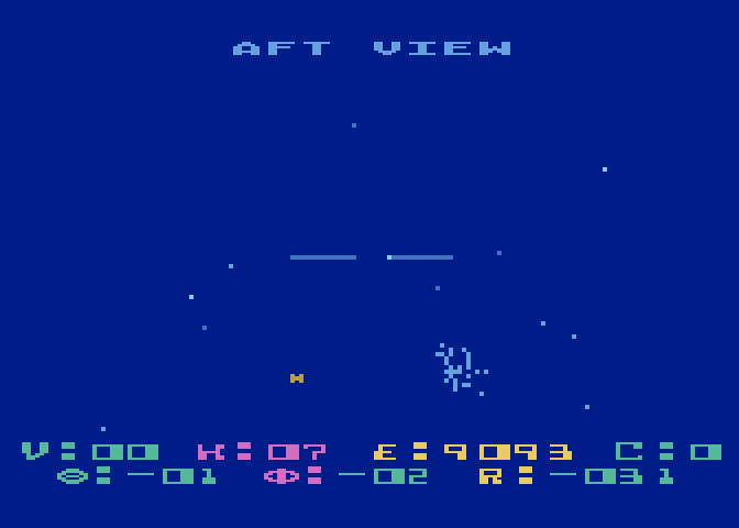 Star Raiders Atari 5200 Screenshot: Aft view; one enemy destroyed, more to go...