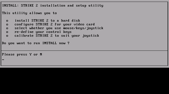Strike II IBM PC/Compatibles Screenshot: Setup screen introduction.