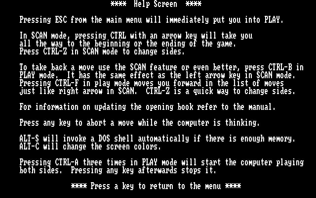 World Class Chess IBM PC/Compatibles Screenshot: Help screen, part 2.