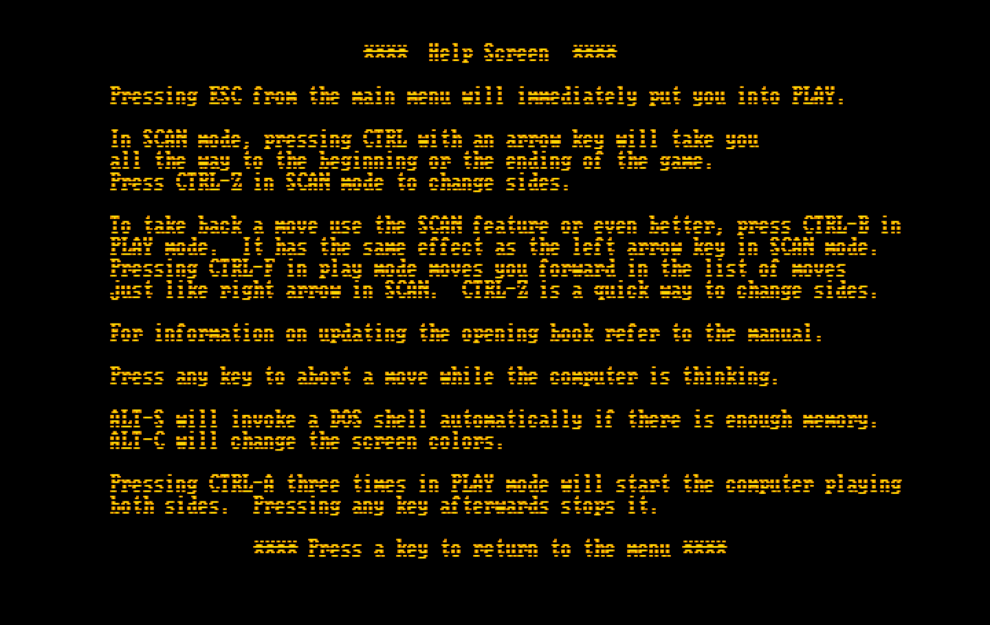 World Class Chess IBM PC/Compatibles Screenshot: Help screen, part 2.