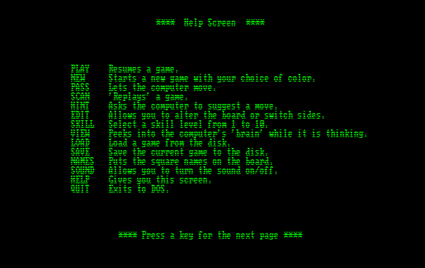 World Class Chess IBM PC/Compatibles Screenshot: Help screen.