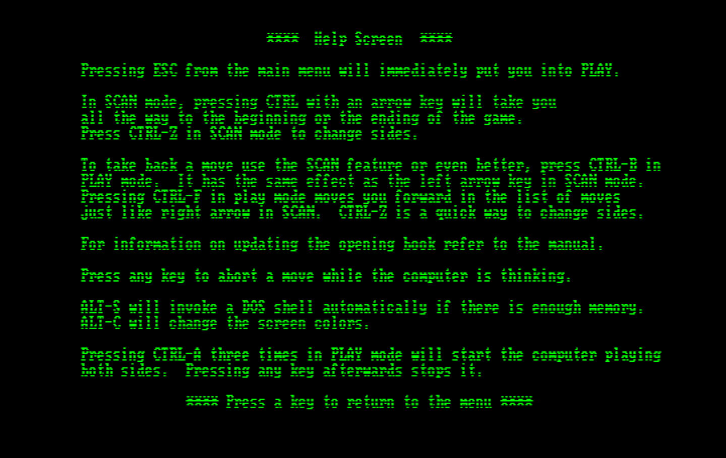 World Class Chess IBM PC/Compatibles Screenshot: Help screen, part 2.