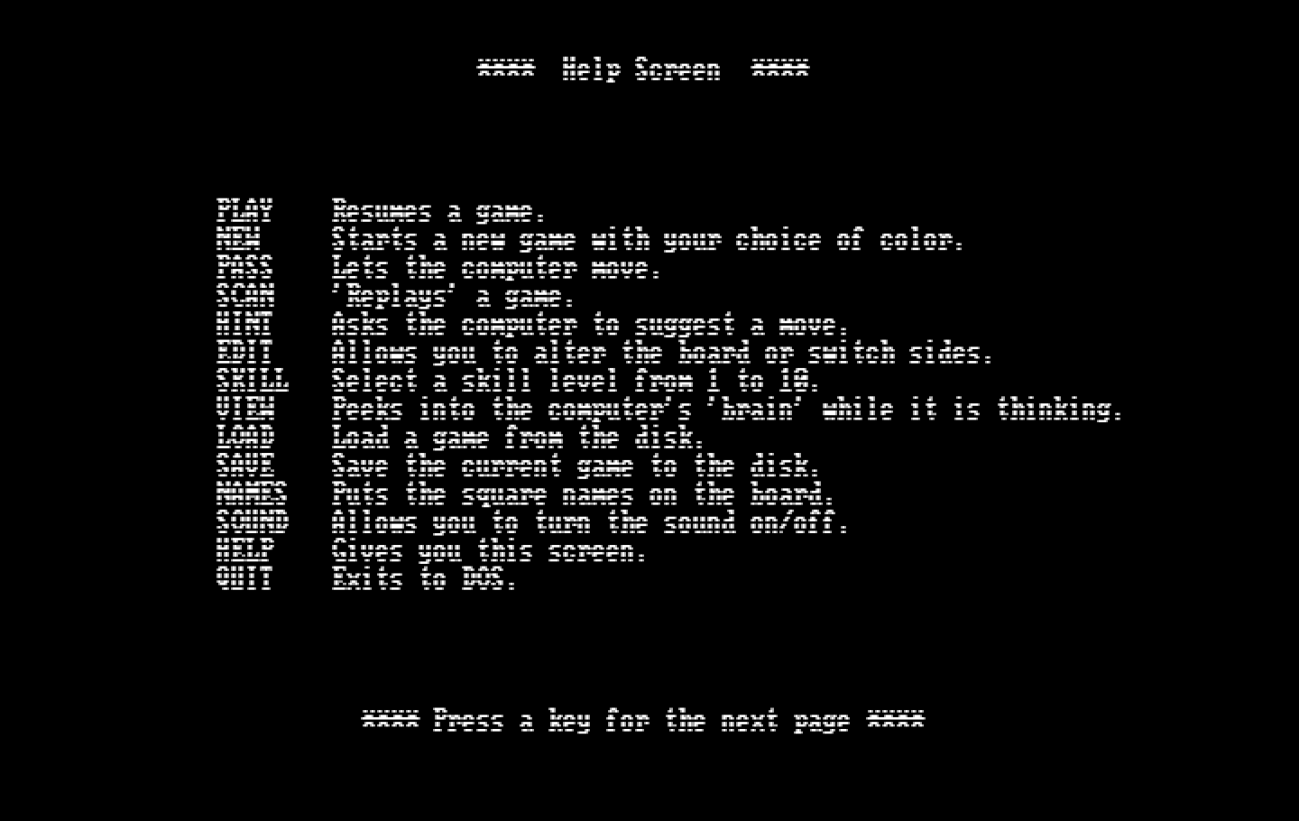 World Class Chess IBM PC/Compatibles Screenshot: Help screen.