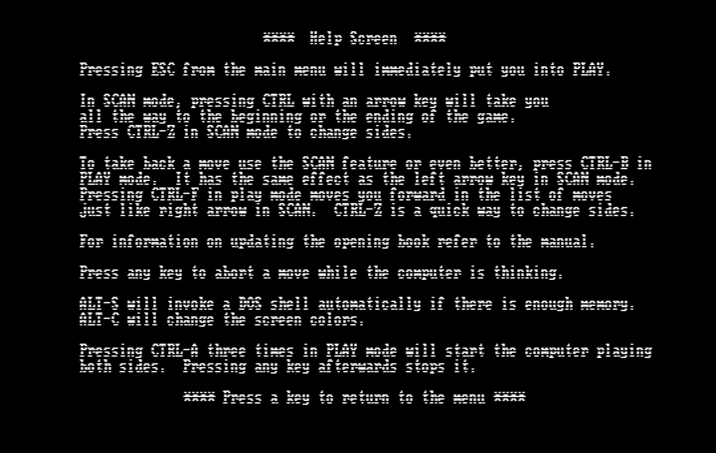 World Class Chess IBM PC/Compatibles Screenshot: Help screen, part 2.