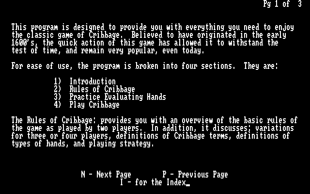 Cribbage IBM PC/Compatibles Screenshot: About this program, part 1.