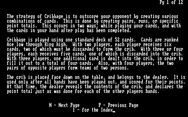 Cribbage IBM PC/Compatibles Screenshot: You can view instructions on how to play cribbage.