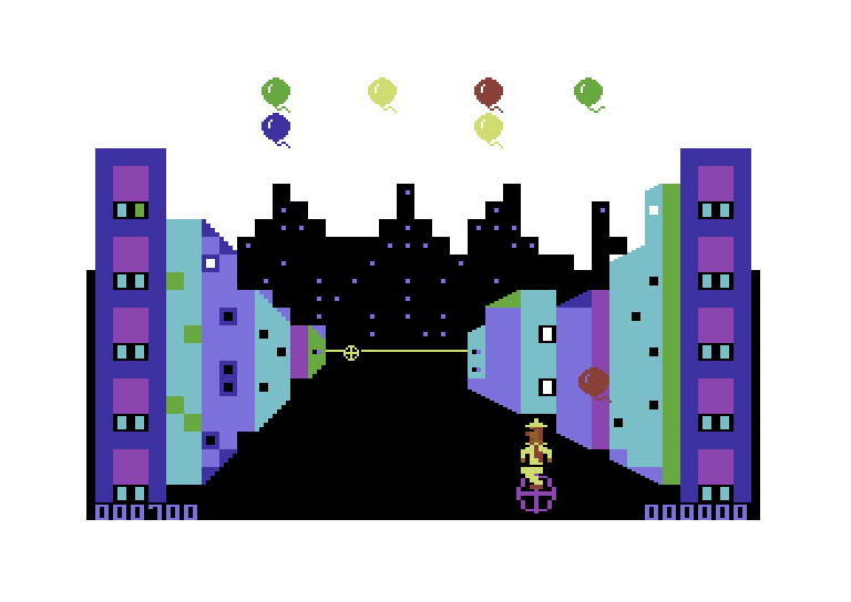 Kick Commodore 64 Screenshot: Catch the red balloon before it hits the ground...