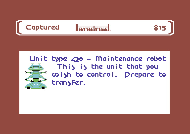 Paradroid Commodore 64 Screenshot: Attempting to take over a unit type 420 robot.