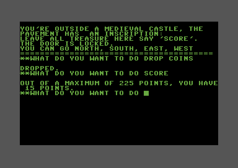 Adventure Pak Commodore 64 Screenshot: Sorcer's Castle - My score so far.