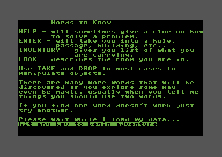 Adventure Pak Commodore 64 Screenshot: Cavern of Riches - Here's a few hints before you get started.