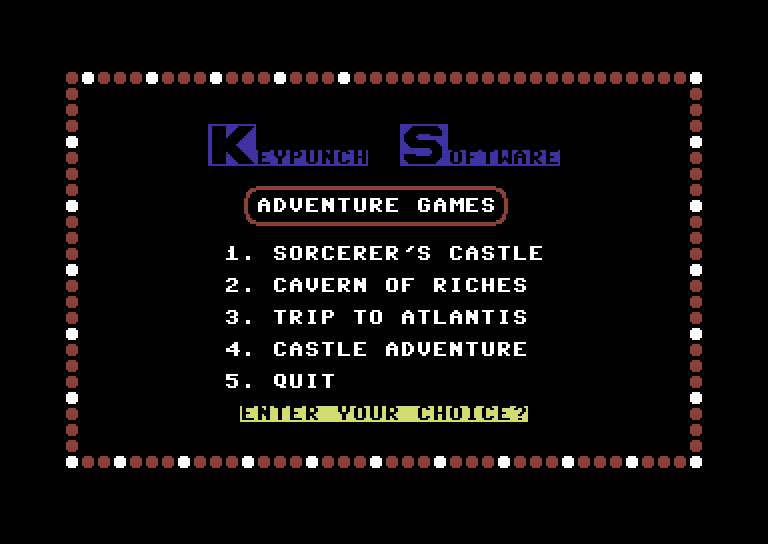 Adventure Pak Commodore 64 Screenshot: Title screen and main menu.