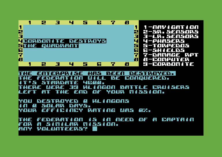 Space Games Commodore 64 Screenshot: Trek 64 - Game over.