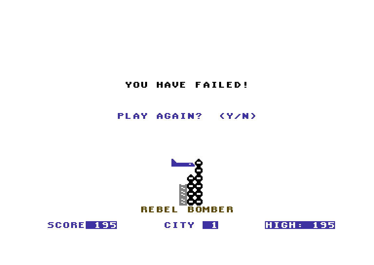 Space Games Commodore 64 Screenshot: Rebel Bomber - Game over.