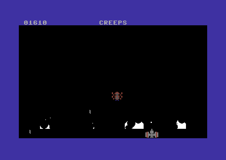 Space Games Commodore 64 Screenshot: Creeps - Only one invader left on this level...