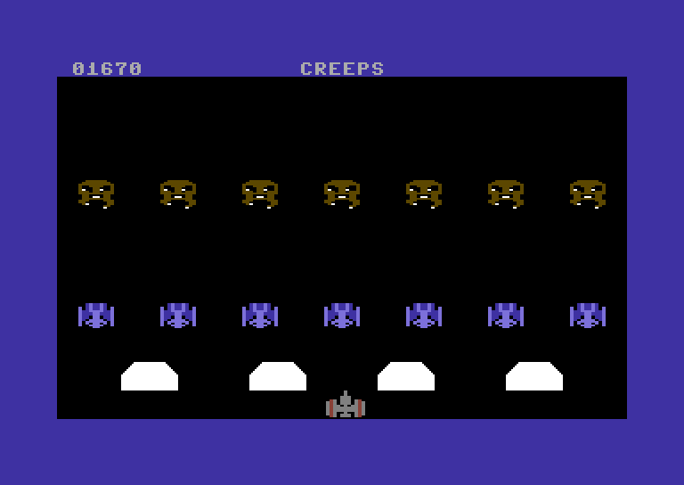 Space Games Commodore 64 Screenshot: Creeps - When each level starts the invaders arrive one row at a time.