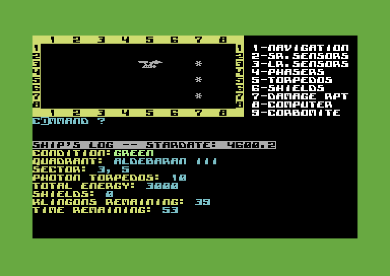 Space Games Commodore 64 Screenshot: Trek 64 - Game start.