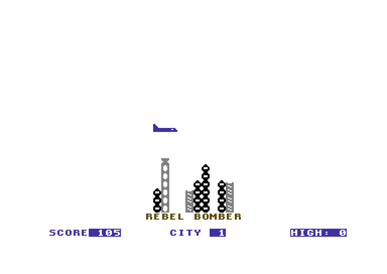 Space Games Commodore 64 Screenshot: Rebel Bomber - Flying low over the city.