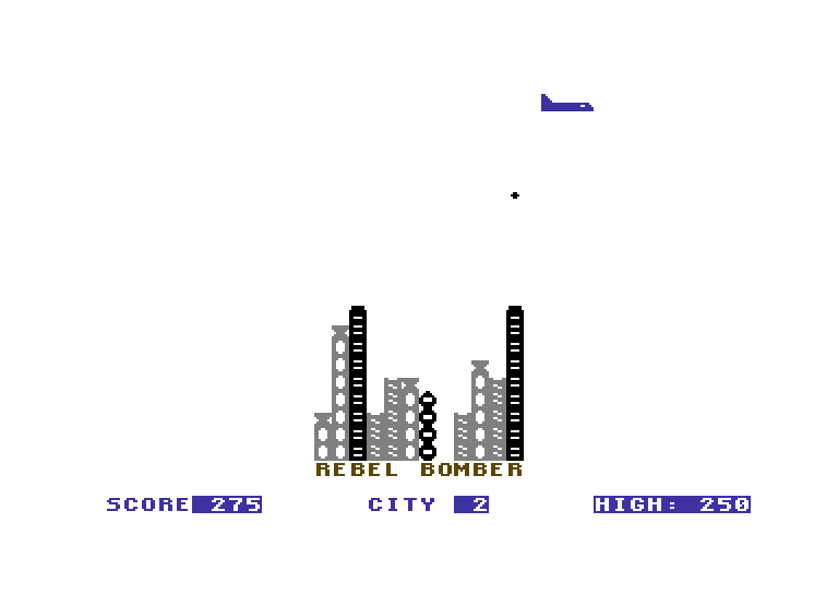 Space Games Commodore 64 Screenshot: Rebel Bomber - Bombing a city.