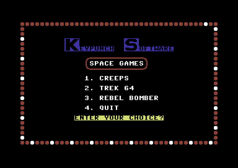 Space Games Commodore 64 Screenshot: Title screen and main menu.