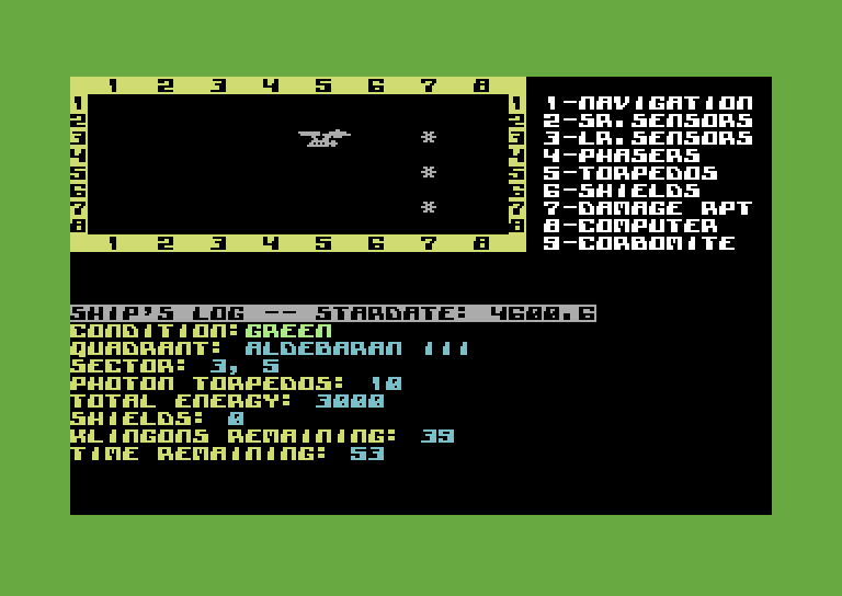 Space Games Commodore 64 Screenshot: Trek 64 - Ships log.