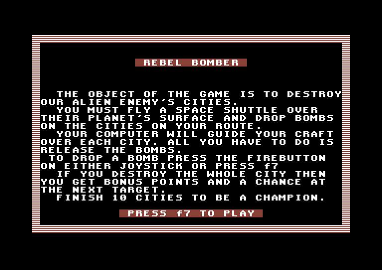 Space Games Commodore 64 Screenshot: Rebel Bomber - Game instructions.