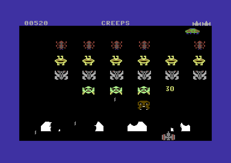 Space Games Commodore 64 Screenshot: Creeps - Earned 30 points for shooting one of the invaders.
