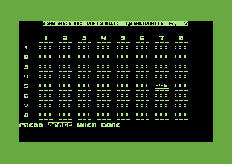Space Games Commodore 64 Screenshot: Trek 64 - Galactic record.