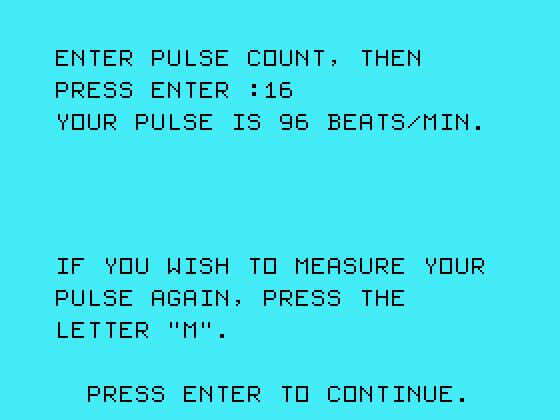 Physical Fitness TI-99/4A Screenshot: Here's the results...